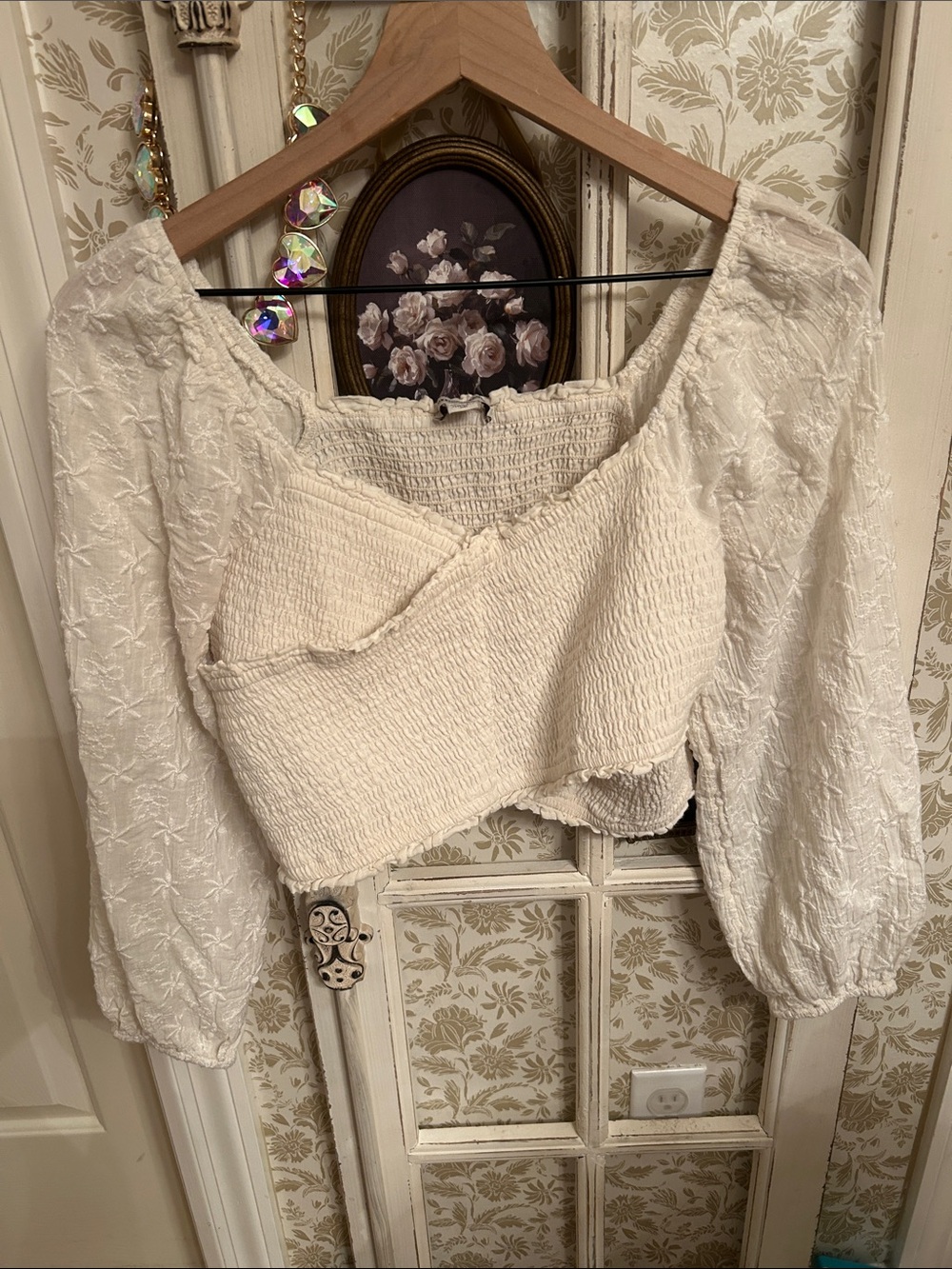 American eagle cream cropped fax wrap top